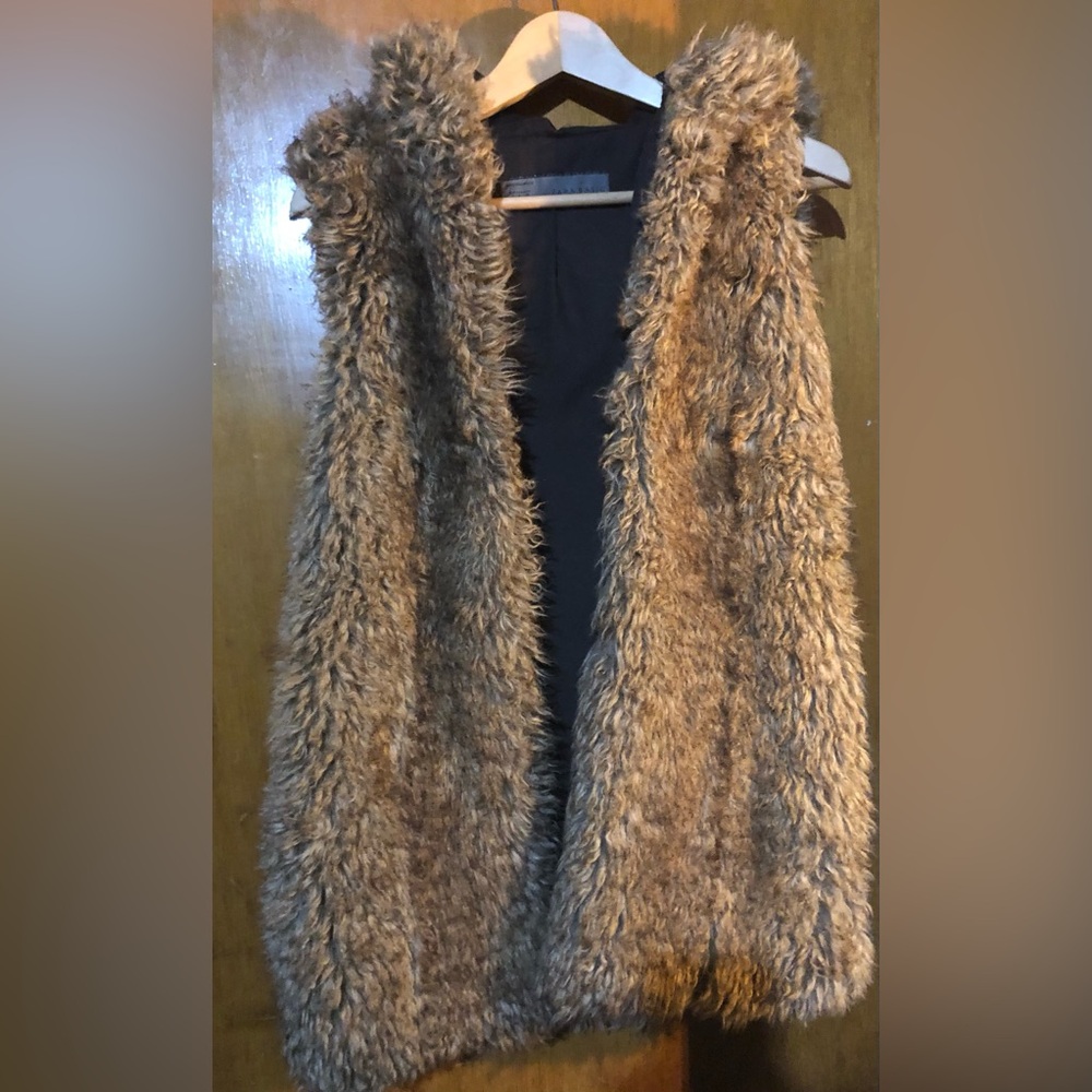 ZARA BASIC; Long Hooded Faux Fur Vest. Used, still gorgeous!
